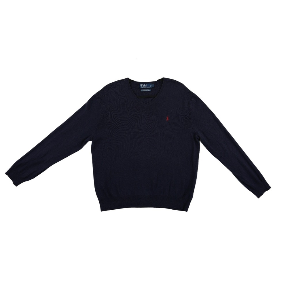 Polo‎ Ralph Lauren 100% Pima Cotton Sweater Men's Size Large Navy Blue V Neck